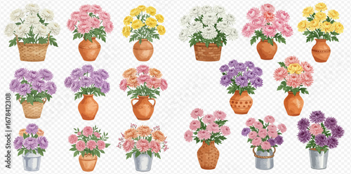 A beautiful collection of colorful illustrated flower bouquets in various rustic pots, vases, and baskets.
