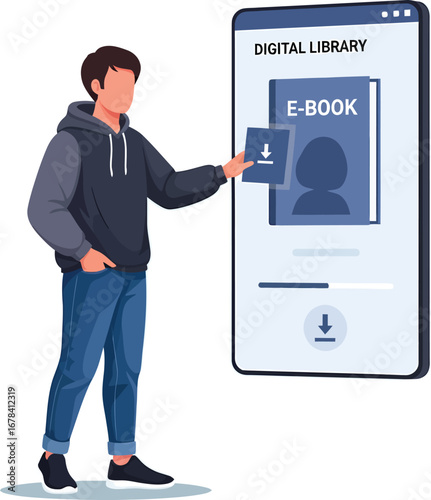 Person interacting with digital library on smartphone downloading ebook.