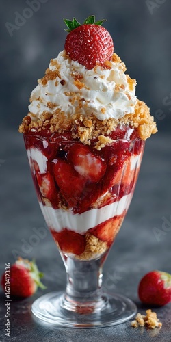 Strawberry shortcake parfait in a glass