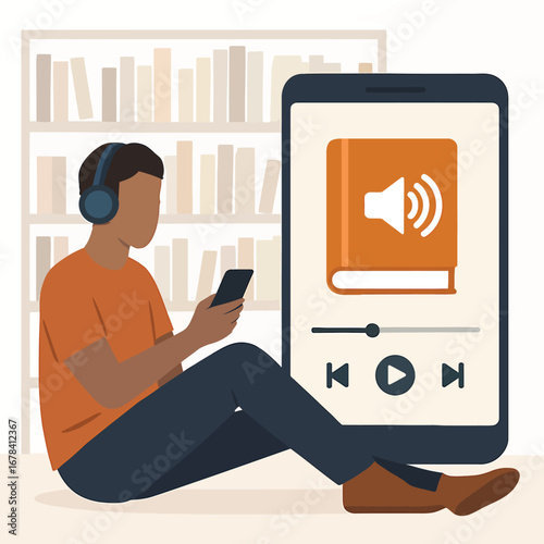 Person listening to audiobook on smartphone with headphones.