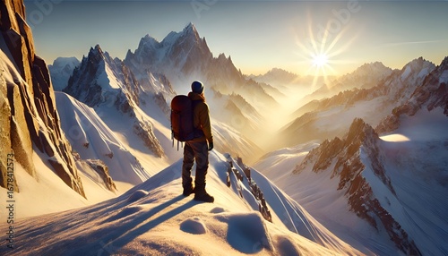 Traveler standing on snowy mountain peak watching sunrise over majestic mountains, ultra realistic cinematic outdoor adventure scene with natural anatomy and sharp details