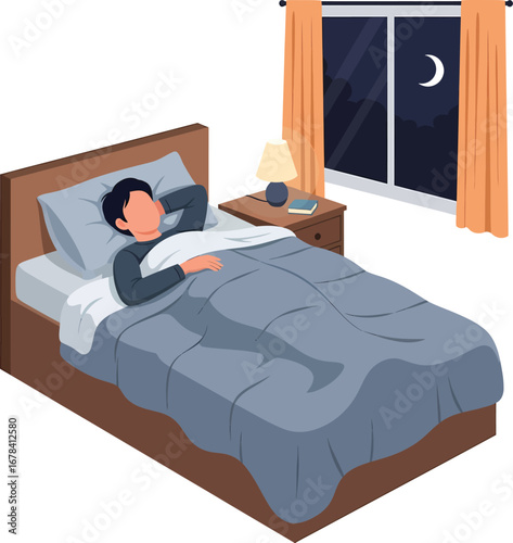 Person sleeping peacefully in bed at night with a crescent moon visible outside the window.