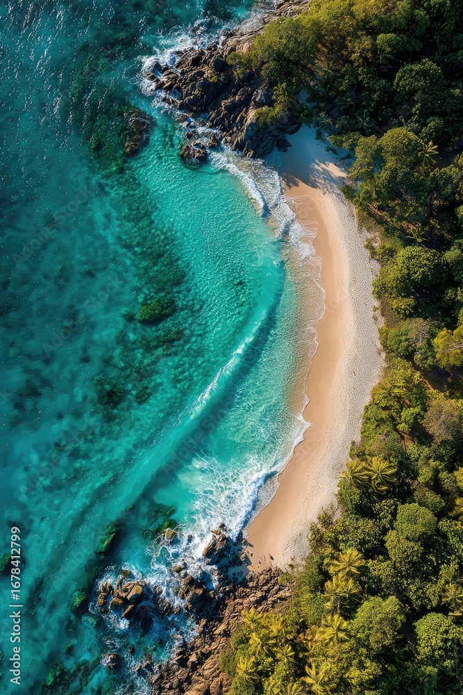Obraz premium Aerial view of a turquoise cove