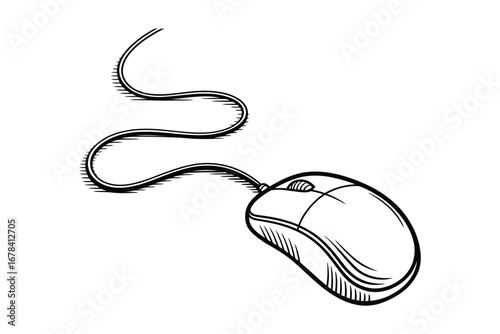 Hand drawn sketch of a classic computer mouse with a winding cord