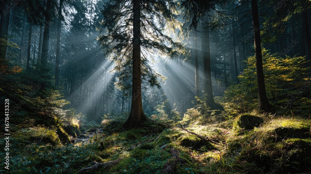Obraz premium Sunlight streams through misty forest
