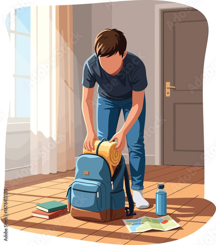Young man packing a blue backpack with a rolled yellow sleeping mat for travel.