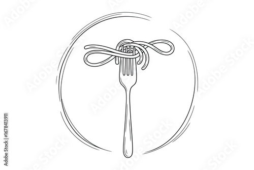 Artistic sketch of spaghetti twirled on a fork inside an oval frame