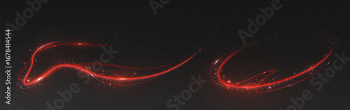 Red sparkle trails with magic light waves and glowing particles for dynamic effects. Luminous curved streams with fiery energy dots on dark bg. Abstract motion graphics for mystical or festive design