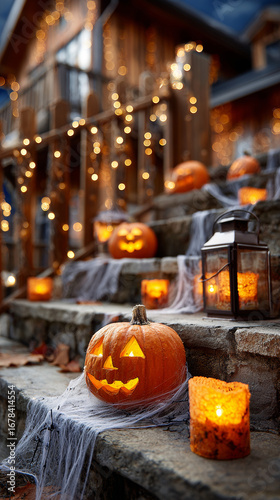 Spooky Halloween decorations with carved pumpkins and glowing lanterns on steps at autumn twilight