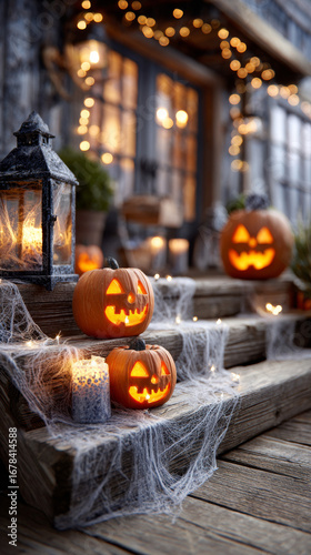 Halloween decorations featuring carved pumpkins and glowing lanterns on a wooden porch at dusk