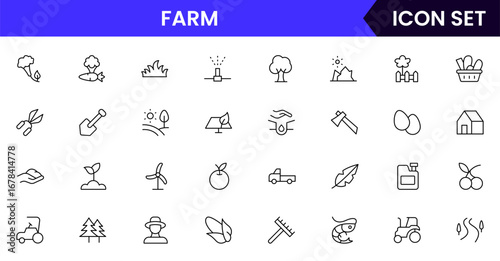 Farming vector line icons featuring tractors, crops, barns, irrigation, tools, livestock, planting, harvesting, agriculture equipment, and rural landscape elements.