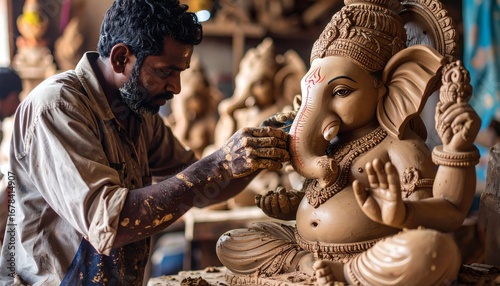 Artisan sculpting a large Ganesha idol, hands covered in clay, with half-finished statues in the workshop.