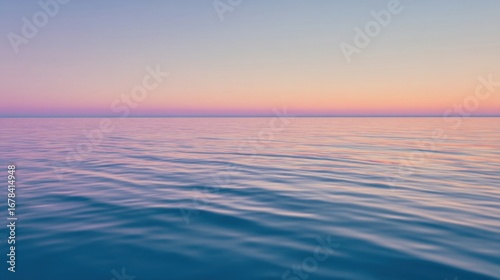 A serene seascape during twilight with calm waters, soft glowing horizon, and gentle waves under a pastel colored sky.