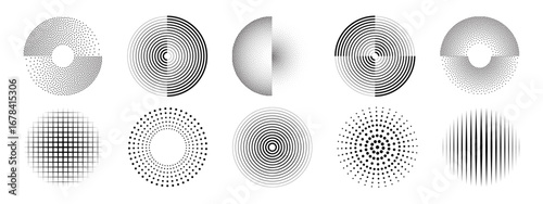 Ripple circles with dot pattern collection for graphic design - concentric rings, halftone gradients and grid textures. Modern geometric radiate elements for print or digital artwork backgrounds.