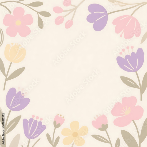 Flat botanical border, cream background, minimalist pastel flowers