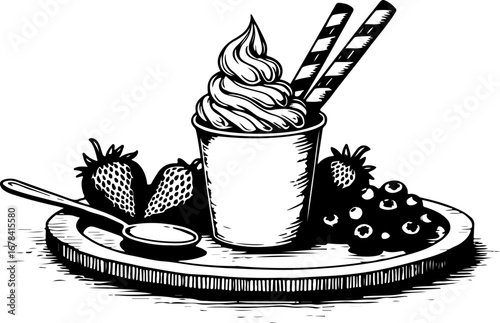 ice cream with strawberry, coffee, cup, dessert, food, cake, chocolate, tea, drink, sweet, plate, breakfast, cafe, mug, white, delicious, fruit, cream, espresso, gourmet, hot, strawberry, beverage, ca