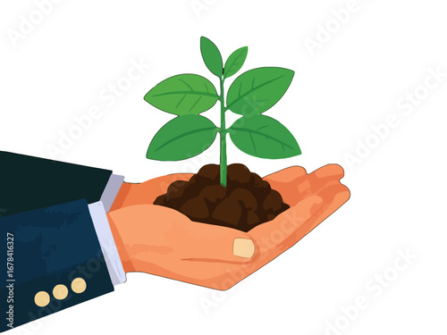 Vector art of hand holding a small plant with soil