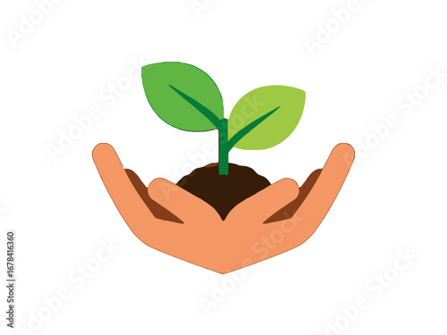 Vector art of hands holding a small plant with soil