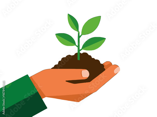 Vector art of hand holding a small plant with soil