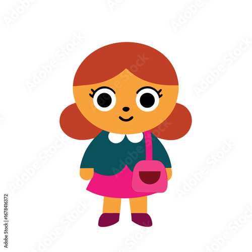 Cartoon schoolgirl carrying backpack and lunchbox in cute style Vector illustration