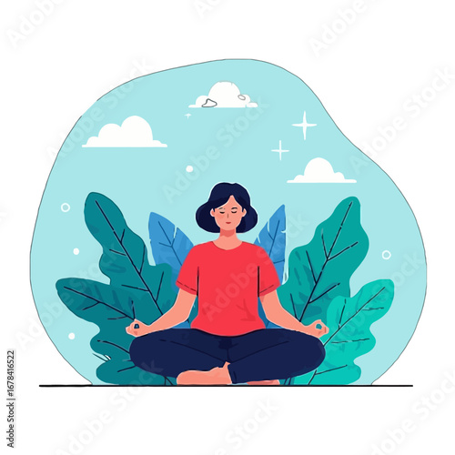 Vector art of woman in lotus position meditating in nature