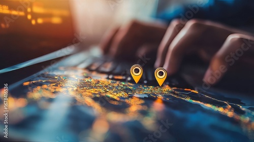 Businessman use computer keyboard to search for address on world map with location pin points. Marking destination for travel or finding business places in GPS Satellite coordinates system online web.