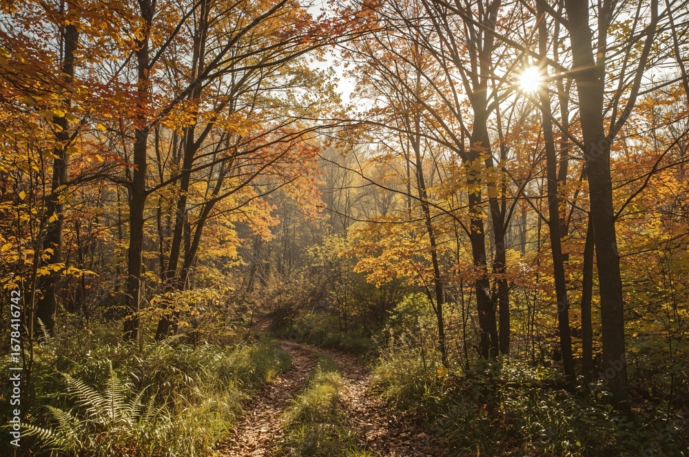 Obraz premium Autumn forest path, sunlit trees, misty background, nature scene