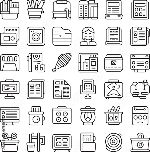 Collection of black outline icons representing office supplies and equipment vector