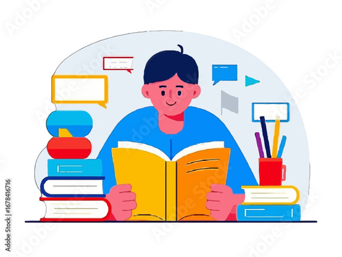 Vector art of young boy reading a book with a stack of books