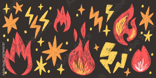 Fire collection with flame and graffiti style on dark background for urban designs. Lightning bolts, stars and blazes with textured brushwork for streetwear, posters or rebellious tattoo art.