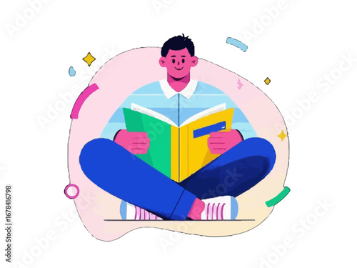 Vector art of man is sitting cross legged and reading a book