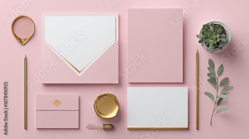 Flat lay of pink stationery and accessories