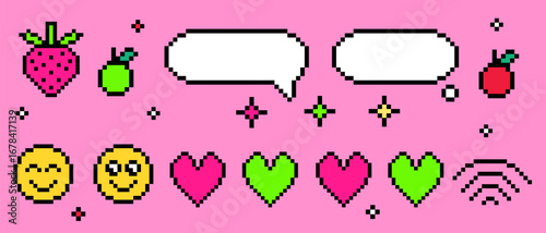 Pixel y2k speech bubbles with retro chat elements - white dialogue boxes, smiling emoticon faces and green apples. Wi-fi sign with red heart, strawberry and sparkle stars for vintage message interface