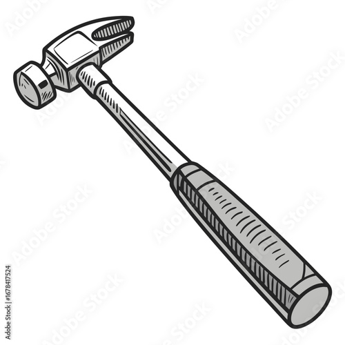 A black and white cartoon illustration of a claw hammer with a grey handle against a white background