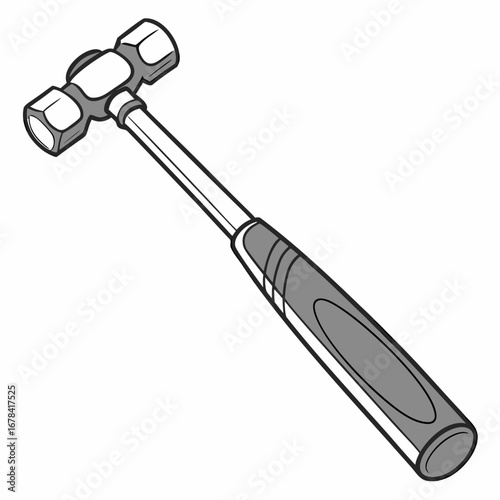 A black and white illustration of a ball peen hammer with a gray rubber grip on a white background
