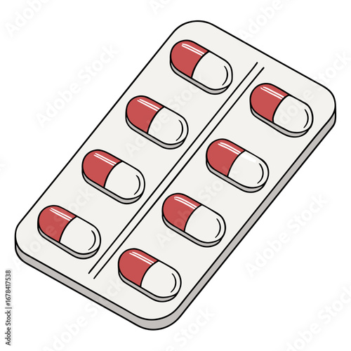 A blister pack containing eight red and white capsules presented in a clean modern isometric illustration style