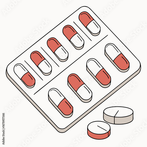 A blister pack of red and white capsules alongside two round pills on a white background
