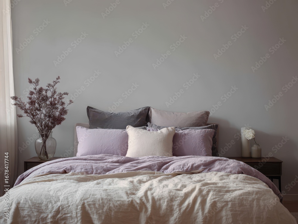 Obraz premium A serene bedroom displays a muted palette of lavender and beige linens, complemented by a muted gray wall and dried flowers in a glass vase.