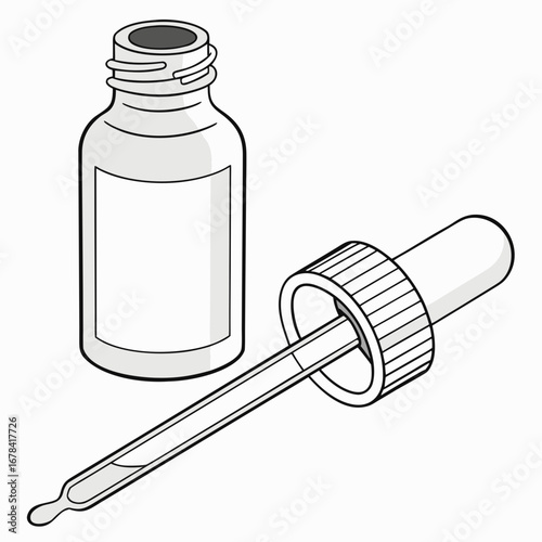 A simple line art illustration of a glass dropper bottle with a blank label and a detached dropper with a drop of liquid