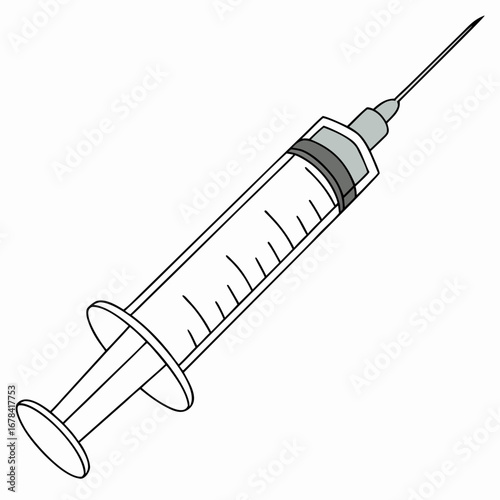 A simple line drawing of a medical syringe with a needle and measurement markings on a white background