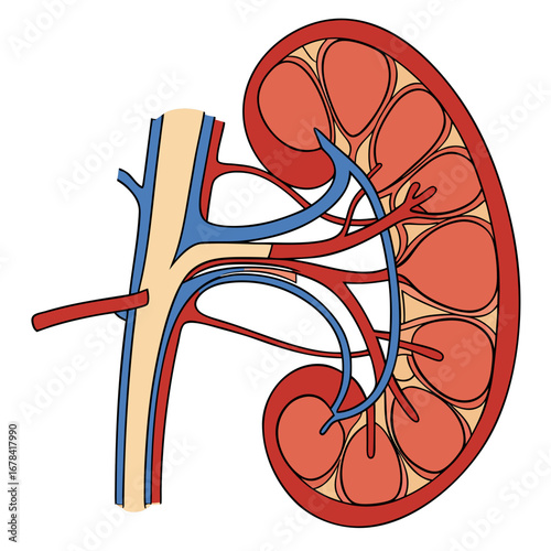 Diagram of a human kidney showing internal structure and major blood vessels including artery and vein
