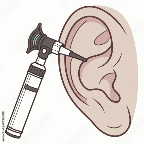 Illustration of an otoscope being used to examine a human ear representing medical checkups and hearing health