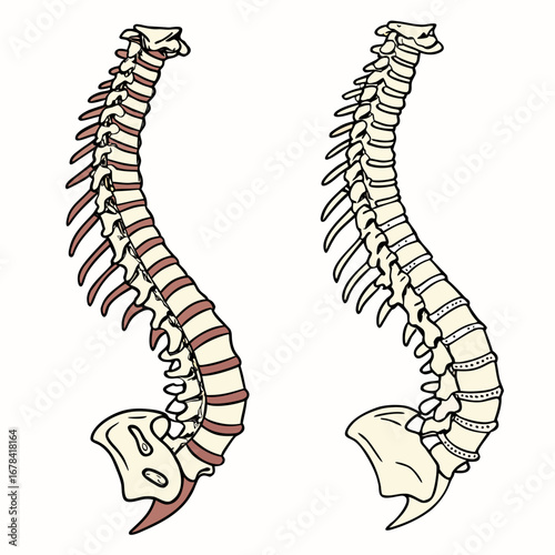 Illustration of human spine anatomy showing healthy vertebrae and spinal curves on a white background