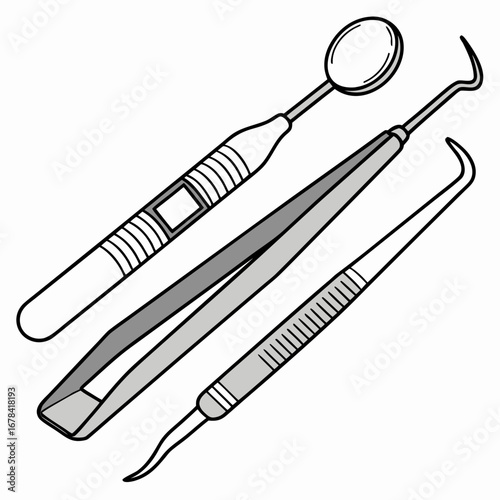 Illustration of three essential dental instruments including a mirror explorer and forceps on a white background