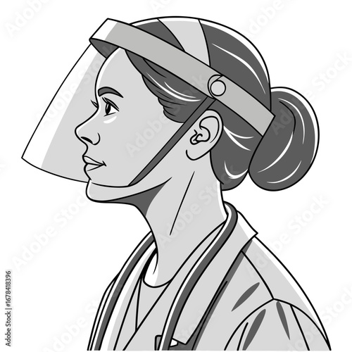 Profile of a healthcare professional wearing a face shield and scrubs during a pandemic or health crisis