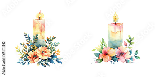 floral candle watercolor vector illustration