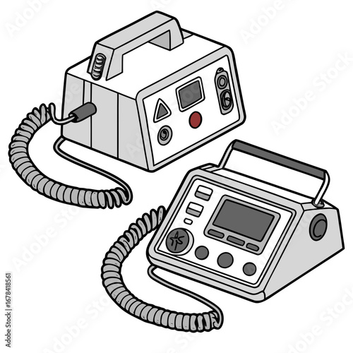 Two medical defibrillator devices with coiled cords shown from an isometric perspective on a white background