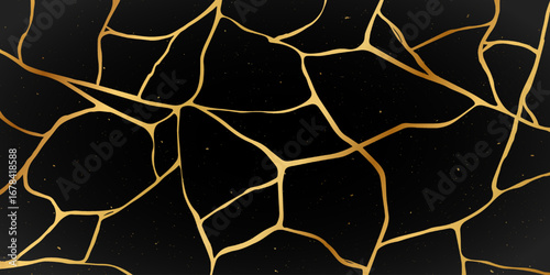 Gold kintsugi repair broken crack marble texture vector illustration isolated on white background. Broken foil marble pattern with golden dry crack. Wedding card, cover or print pattern Japanese motif