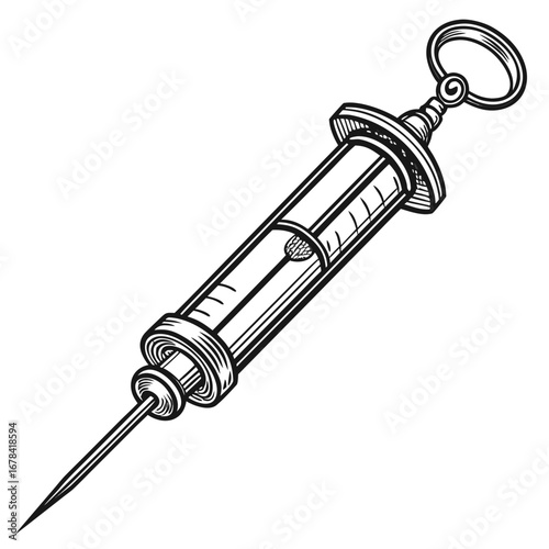 Vintage glass syringe with needle detailed black and white illustration isolated on white background