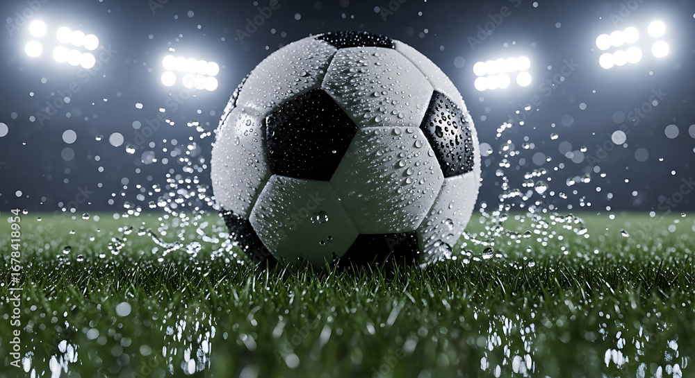 Fototapeta premium Dynamic soccer ball covered in raindrops splashes on wet grass under stadium lights